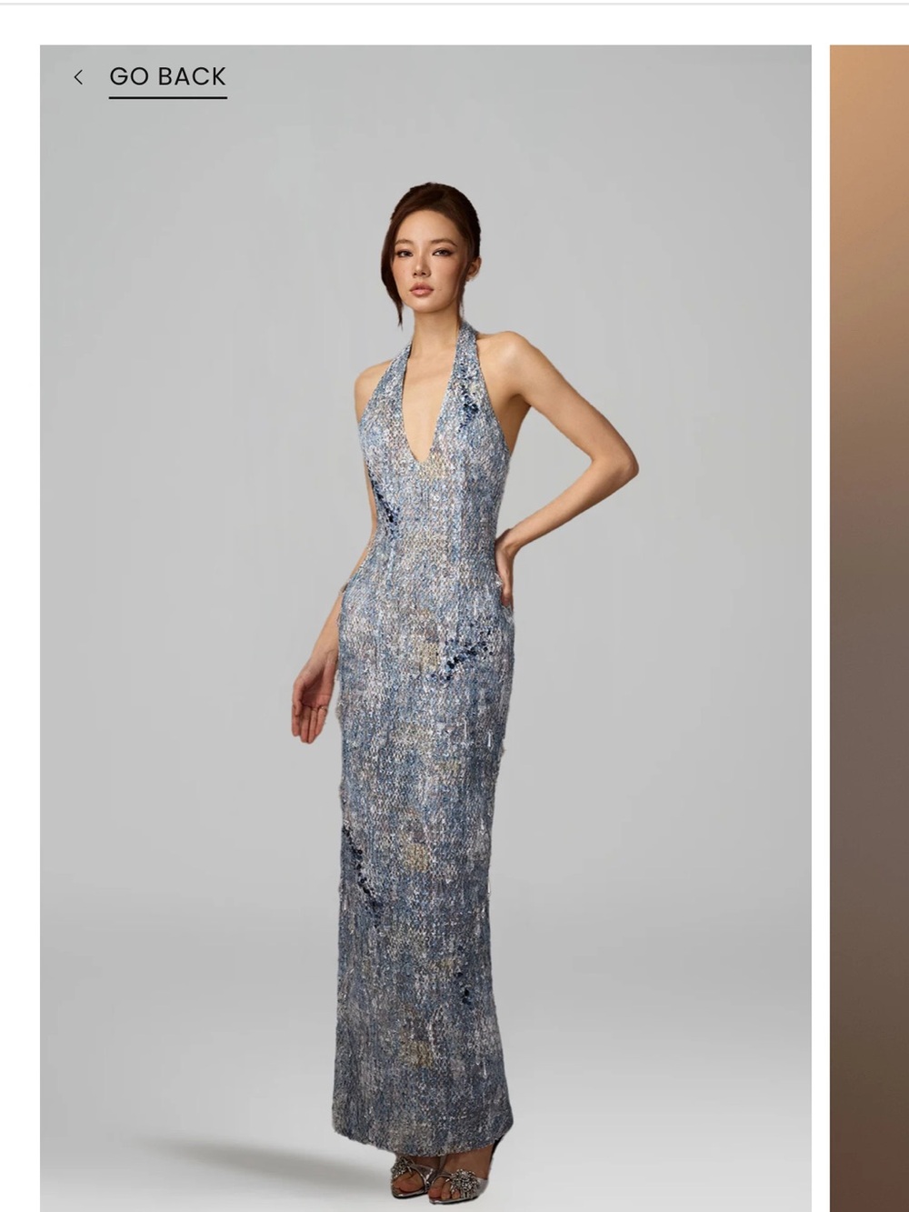 Keira Tong Halter V-Neck Sequin Evening Gown in Silver-Blue